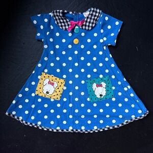 Buster Brown Dress Vintage Kids Size 5 Blue Polka Dot Puppy Dog 90s Gingham